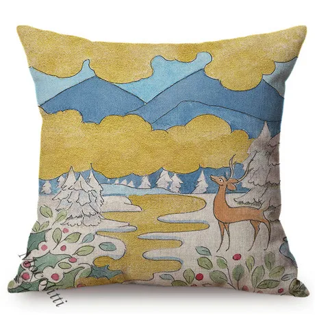 Impressionism Oil Painting Golden Riverside Forest Scenery Pattern Sofa Throw Pillows Sika Deer Rabbit Decorative Cushion Cover M189-2