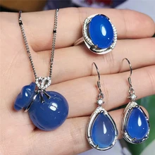 Jadery, натуральный синий халцедон, нефрит, ювелирные наборы для женщин, очаровательное 925 пробы Серебряное ожерелье/серьги/кольцо, подарки на годовщину