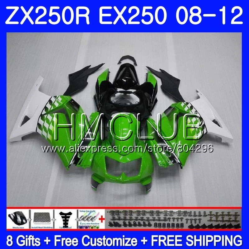 Средства ухода за кожей для KAWASAKI NINJA EX250 ZX250R зеленого и белого цветов 2008 2009 2010 2011 2012 9JK образования легкой пены. 3 ZX 250R ZX-250R EX 250 08 09, 10, 11, 12, обтекатели