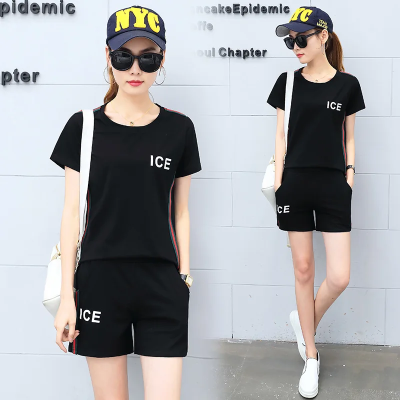 

2019 Summer New Style WOMEN'S Dress Sports Set Large Size Shorts Short-sleeve Jogging Suit Pure Cotton Fashion Casual Two-Piece