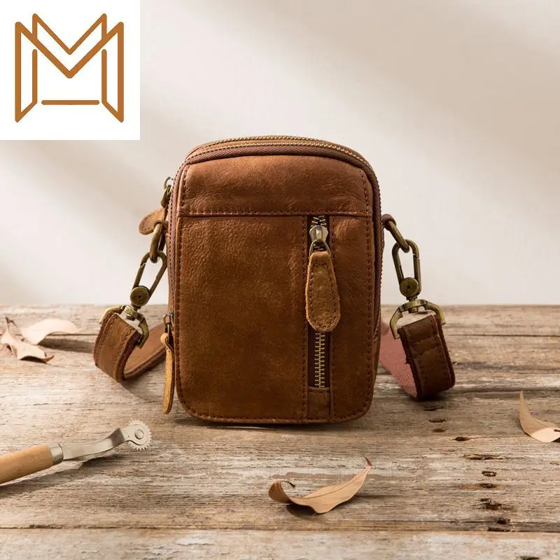 

More Function Head Layer Cowhide Outdoors Pocket Small Crazy Horsehide Mobile Phone Saddlebag Genuine Leather Male
