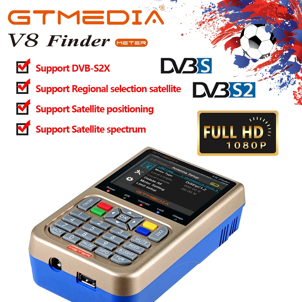 

GTMEDIA V8 Finder Meter DVB-S2/S2X Digital Finder Decoder Location Finder High Definition 1080P HD ACM with 3000mA Battery