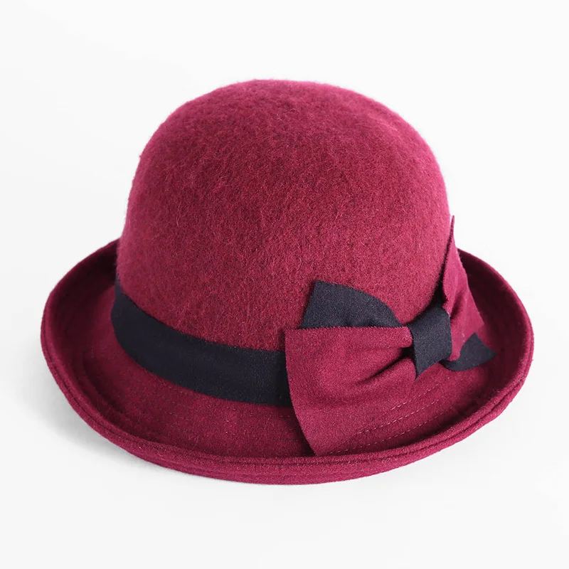 wine red Buta головные уборы женские зимние смешивание шерсти Рыбацкая шляпа объемный край лук бассейна Кепка мама формальная шляпа - Цвет: wine red