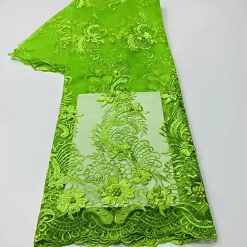 

Nice green wedding/party French net lace fabric with embroidery nice tulle mesh cloth with beads WFN8(5yards/lot)