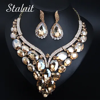 

Big Sweet Love V Style Water Drop Oval Crystal Pendant Necklace Earrings Bridal Jewelry Women Girls Fashion Jewelry Sets