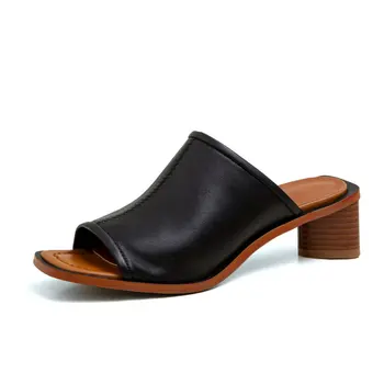 

Women High Heels Slipper 100% cow leather Sexy Hollow Out Party Shoes Woman Summer Slip on Beach Flip Flops size 41 42 43