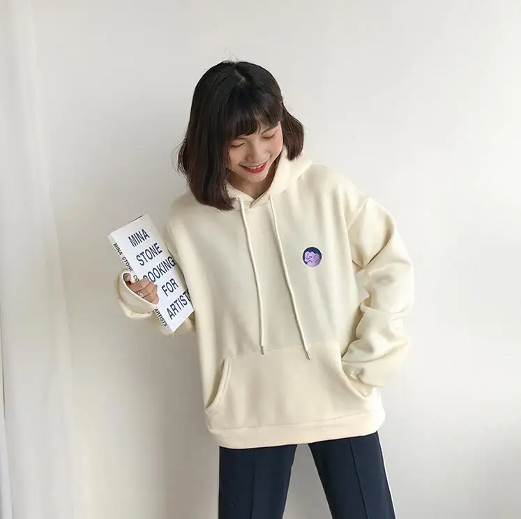 apricot Женские кофты японский Harajuku Ulzzang Повседневная мультяшная вышивка Толстовка Женский корейский кавайный милый одежда для женщин - Цвет: apricot