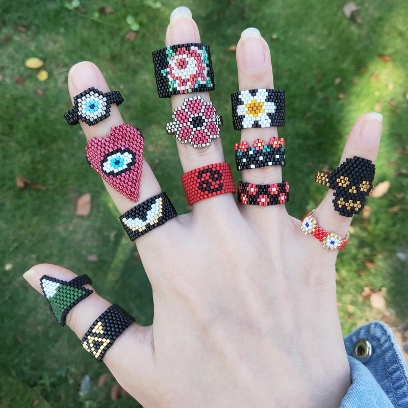 

FAIRYWOO Handmade Jewelry Eye Ring For Woman Miyuki Ring Set Skeleton Ring Flower Rings Fashion Geometric Ring Set Wholesale