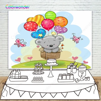 

Photo Background Little Bear In Hot Air Balloon With Butterfly Childhood Backdrop For Baby Shower Birthday Party Photo Studio