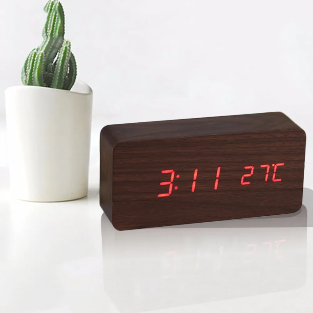 4 цвета большой размер светодиодный Деревянный Будильник с термометром прямоугольные настольные часы цифровые часы классический светодиодный деревянный часы