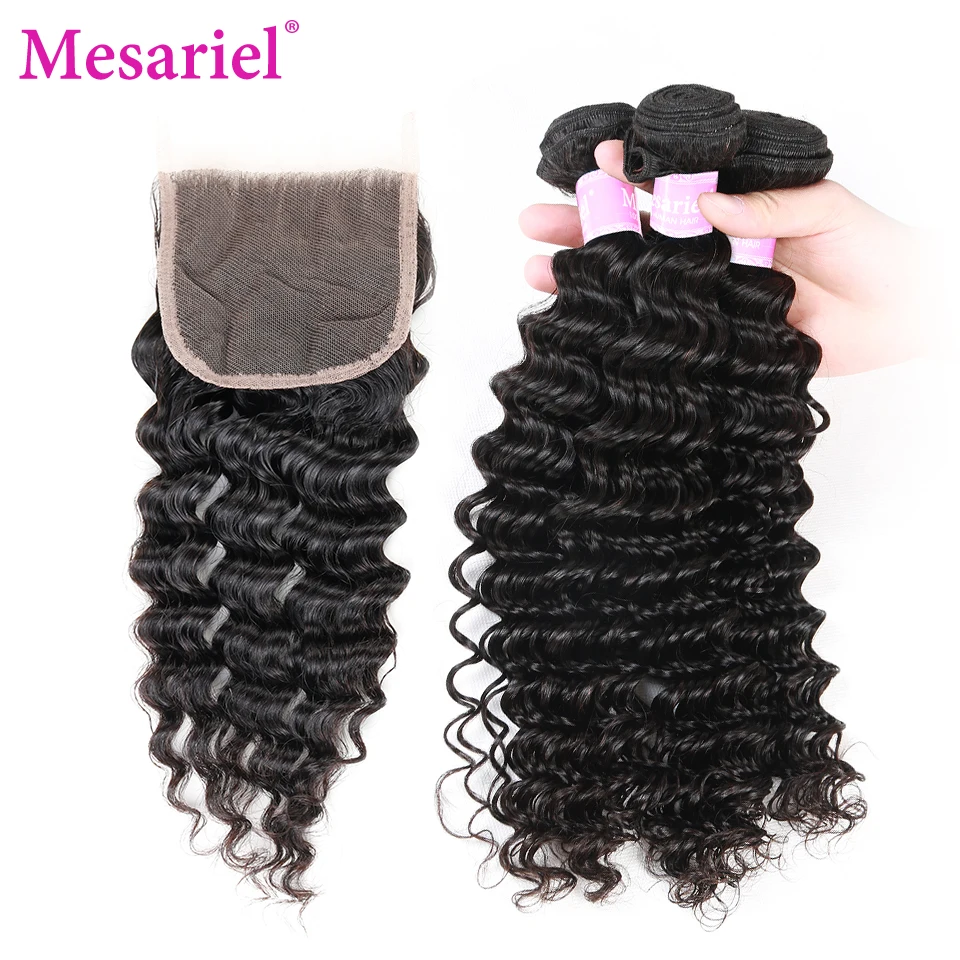  Mesariel Deep Wave Bundles With Closure 4Pcs/lot Non Remy Brazilian Hair Weave Bundles Human Hair 3