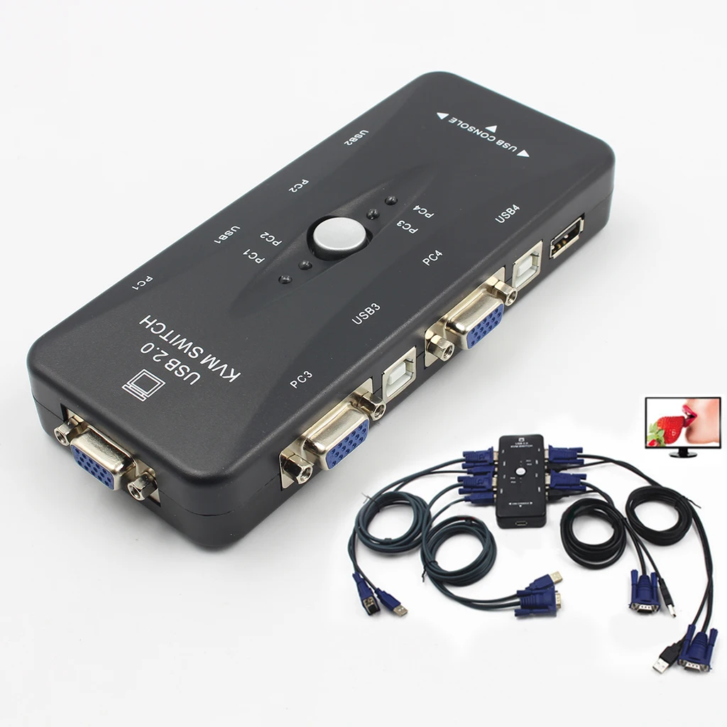  4 Ports VGA KVM Switch Box USB 2.0 SVGA Switcher with Cables for Keyboard Mouse Monitor PC Laptop C