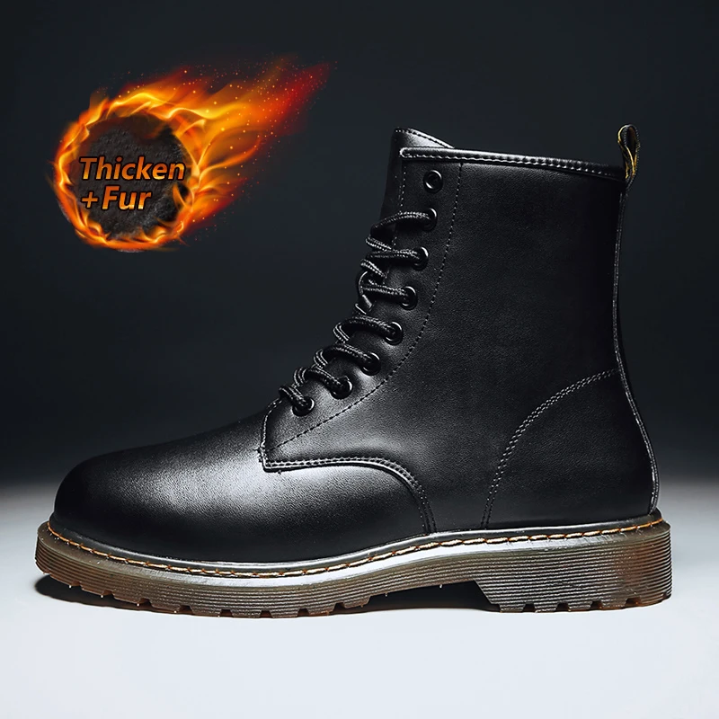 

Genuine Leather Dr Motocycle men Boots for Martin Boots Plush Warm Ankle Boots For men Winter Boots male Winter Shoes Booties