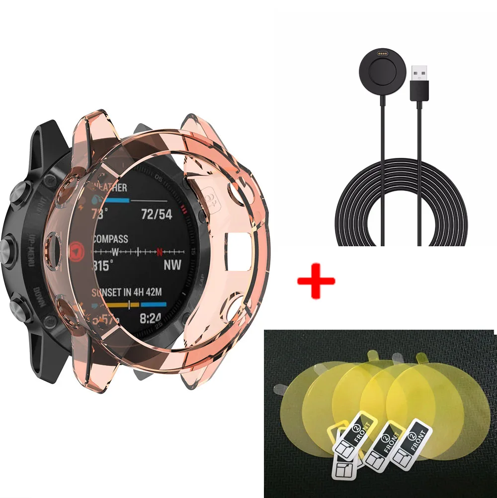 Orange 3 в 1 USB кабель зарядное устройство для Garmin Fenix 6 S/Fenix 6X/Fenix 6 Чехол ТПУ защитный чехол+ экранная пленка для часов Garmin Fenix6 - Цвет: Orange