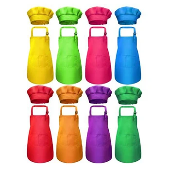 

8-Piece Children's Apron and 8-Piece Chef Hat Set Children's Apron with 2 Pockets Children's Adjustable Kitchen Cooking