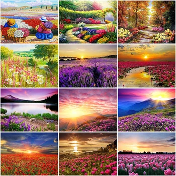 

DIY 5D Diamond Painting Sunset Flower Landscape Mosaic Diamond Embroidery Cross Stitch Kits Full Round Rhinestones Handmade Gift