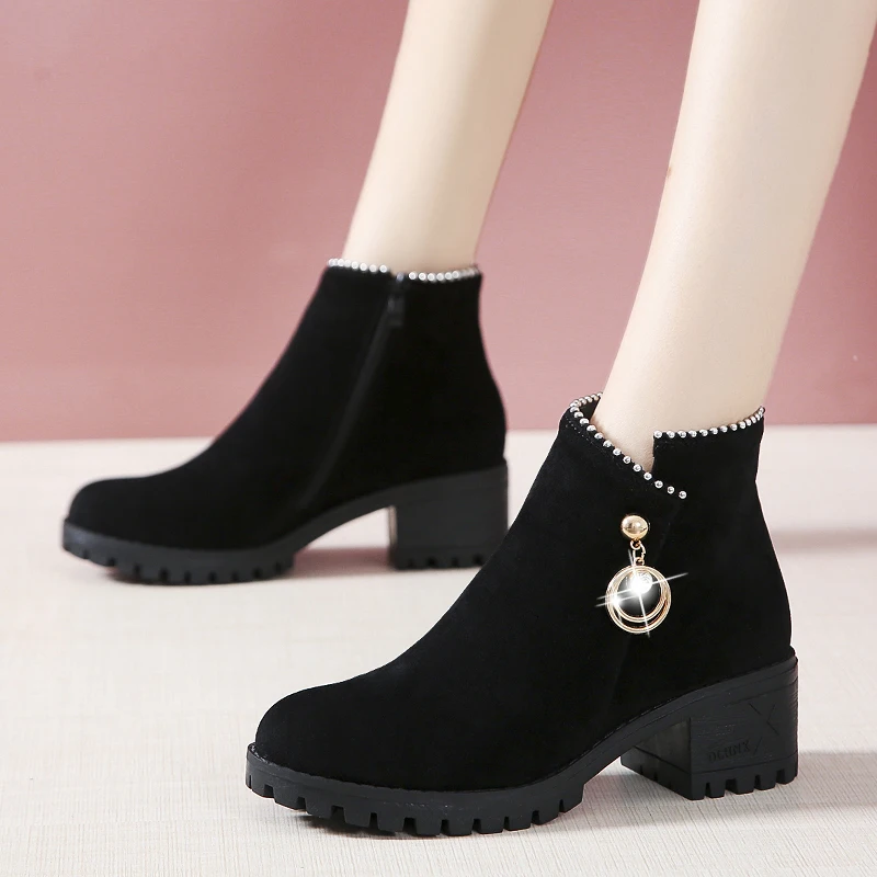 

2019 New Fashion Shoes Women Boots Autumn Winter Rhinestone Crystal Thick Square Flock Ankle Zipper Warm Boots Round Toe Shoes
