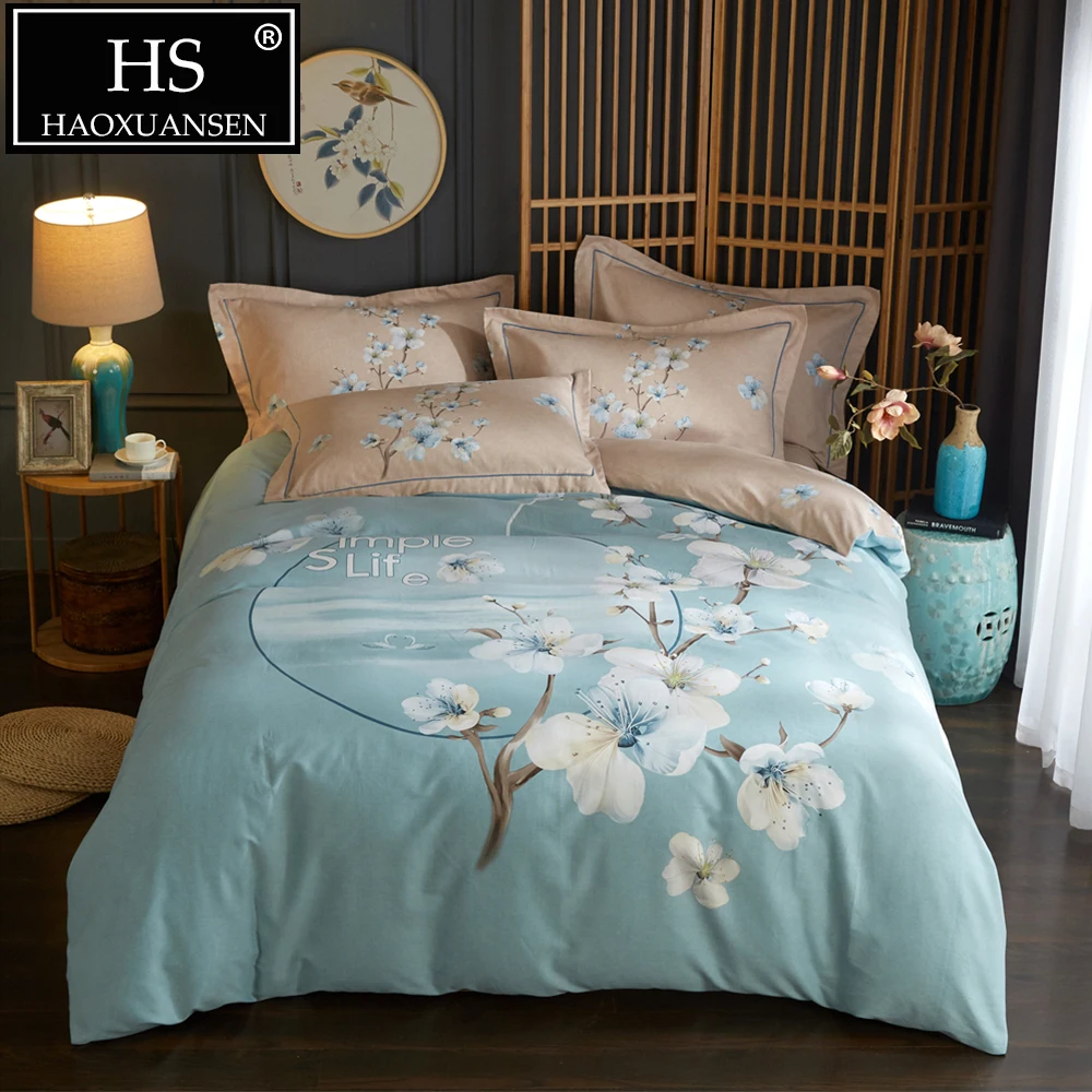 

Floral Print Sanding Cotton Bedding set 4 Pieces Thick Soft Flower Blossomed Duvet Cover Set for Winter Queen King Size