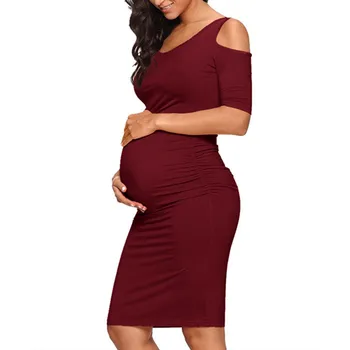 

New 2019 Fashion Casual Women's Maternity Open Shoulder Round Neck Short Sleeve Leisure Tight Dress solid color 8.3