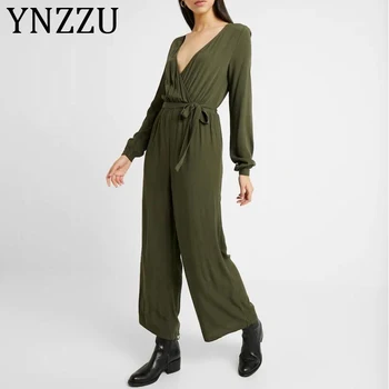 

YNZZU Army Green Elegant V Neck Jumpsuits Women 2020 Spring Autumn Long Sleeve High Waist Loose Female Rompers Overalls AJ045