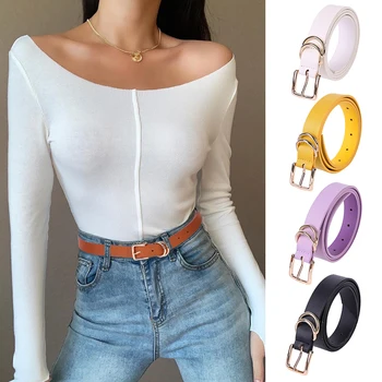 

Gold Buckle Leather Belt for Women All-match Pant Jeans Wasit Belt Strap White Brown Black Yellow Ladies Dress Belt Waistband