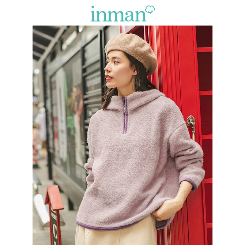 INMAN 2019 Winter New Arrival Literary Personality Split Color Woolen Warm Women Hoodies |