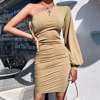 

Elegant Women Summer Dress Sexy Bodycon One-Shoulder Puff Sleeve Dress Irregular Bodycon Solid Mini Bandage Ruffles Dress Women