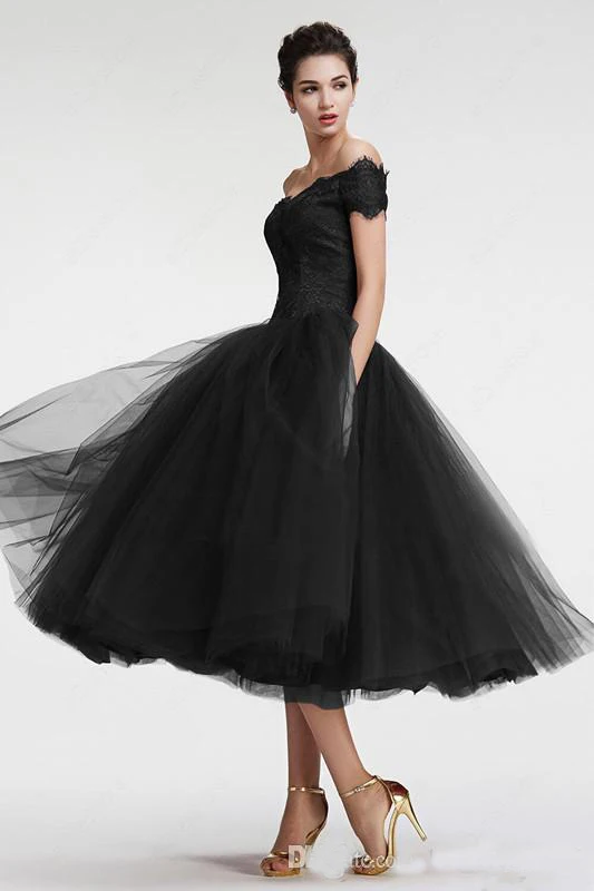 Little Black Tea Length Mother of the Bride Dresses Off Shoulder Zipper Back Maid of Honor Dress Party Gowns