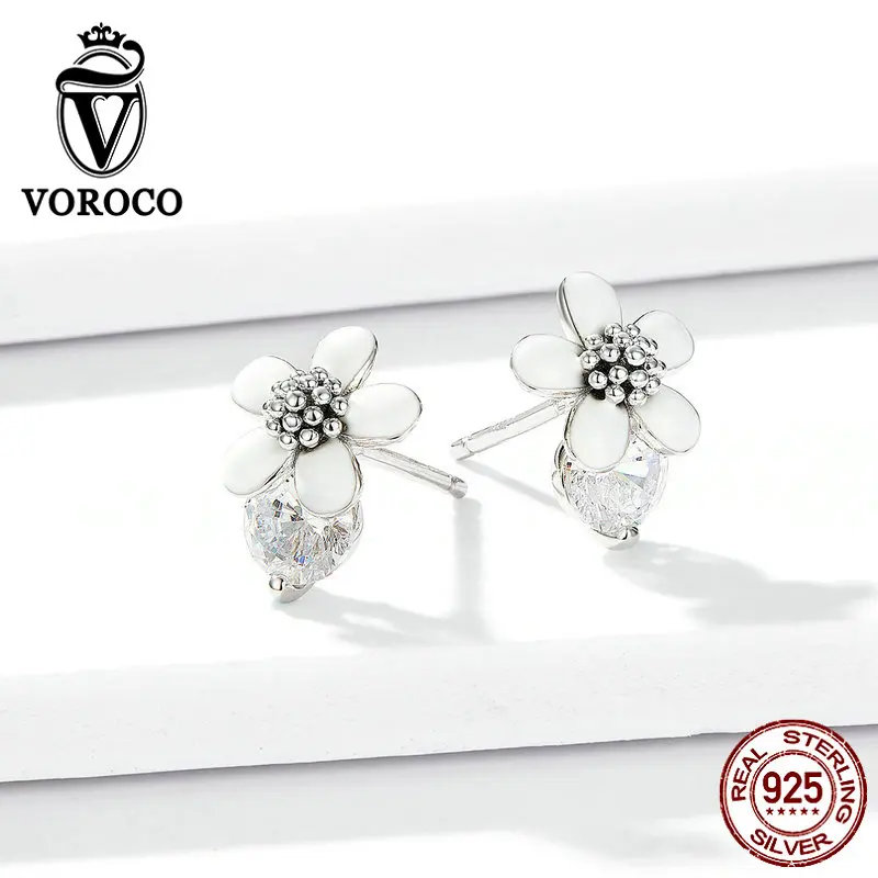 Voroco настоящий 925 пробы, серебряные серьги-гвоздики, цветок ромашки, милые серьги в Корейском стиле, хорошее ювелирное изделие для женщин BNE282