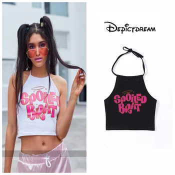 

2019 Women's ins Tops street Sexy Strapless Individual letters Print black Sleeveless hanging neck T-shirt summer
