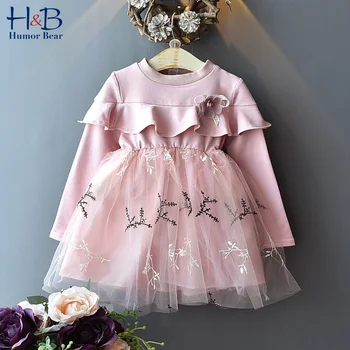 

Humor Bear Girls Dress 2020 Fall New Spring Autumn Girls Ruffles Lace Collar Long Sleeves Princess Party Dress Children Clothing
