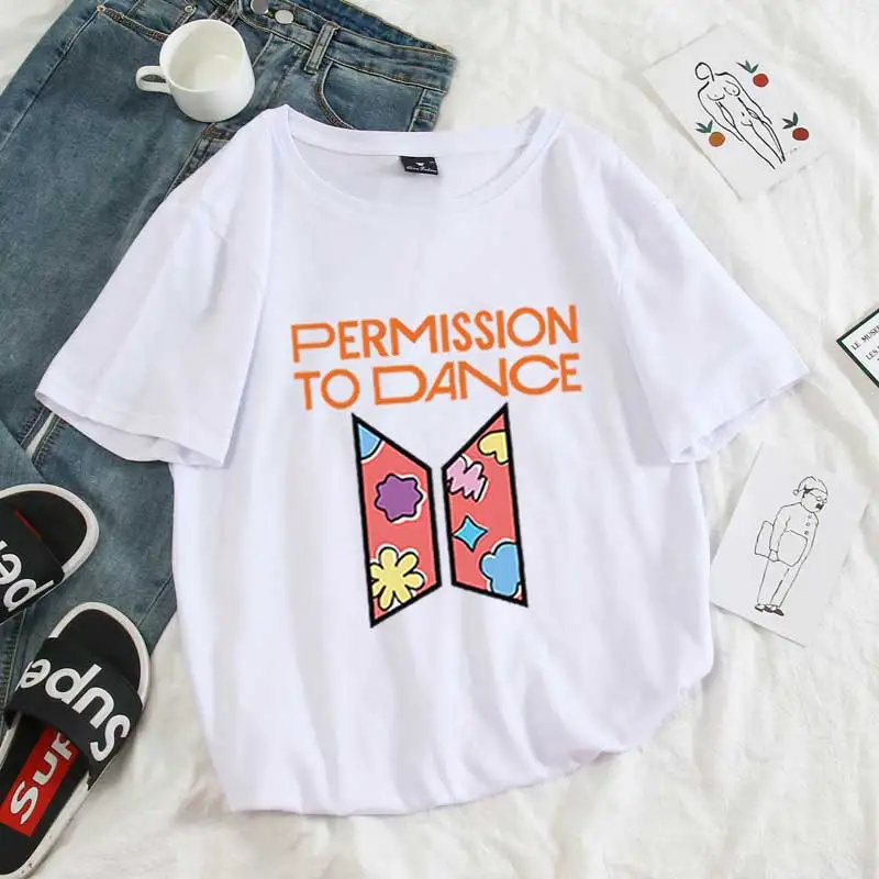 Summer Women T Shirt Bangtan Boys Kpop Permission To Dance Graphics Print Letter Korean Fashion Harajuku Streetwear Cotton Tops friends t shirt Tees