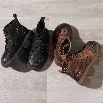 

Hollow Sandals Manual Casual Leather Vintage Lace Nv Dan Xie 2020 Spring and Summer New Platform Wedge Ethnic