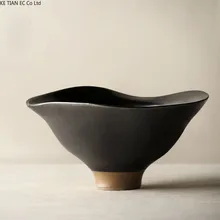 Japanese Handmade Stoneware Bowl Retro Ceramic Tall Fruit Snack Plate Household Art Retro Rice Noodle Soup Salad Bowl Tableware