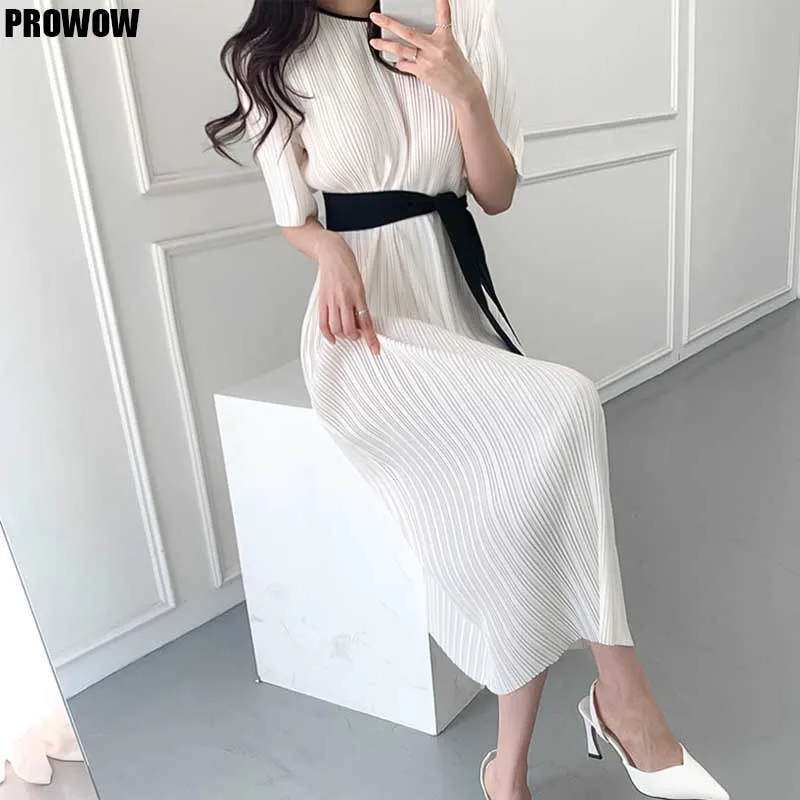 

French Ladies White Dress Elegant Office Korean Pleated Bandage Dresses 2020 Summer Fashion Women'S Dress Long Dresses One-Piece
