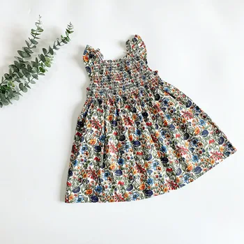 

Baby Girl Dress 2020 Summer Vintage Flower Printed Cotton Bow Ruffle Dress Princess Birthday Party Strap Dresses Wholesale