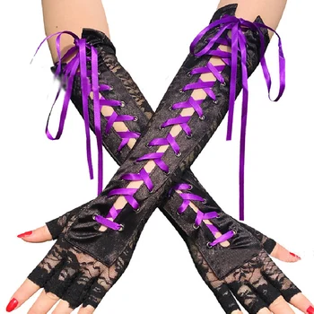 

1 Pairs Elbow Length Satin Women Gloves Ribbon Ties Up Long Fishnet Gloves Sexy Lace Half-Finger Gloves Ribbon Rivet Mitten