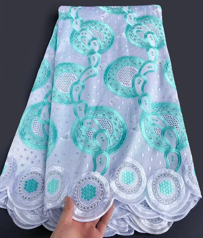 5 ярдов полная вышивка африканская швейцарская вуаль кружевная ткань с дышащими отверстиями камни мягкие высокого качества - Цвет: White Aqua