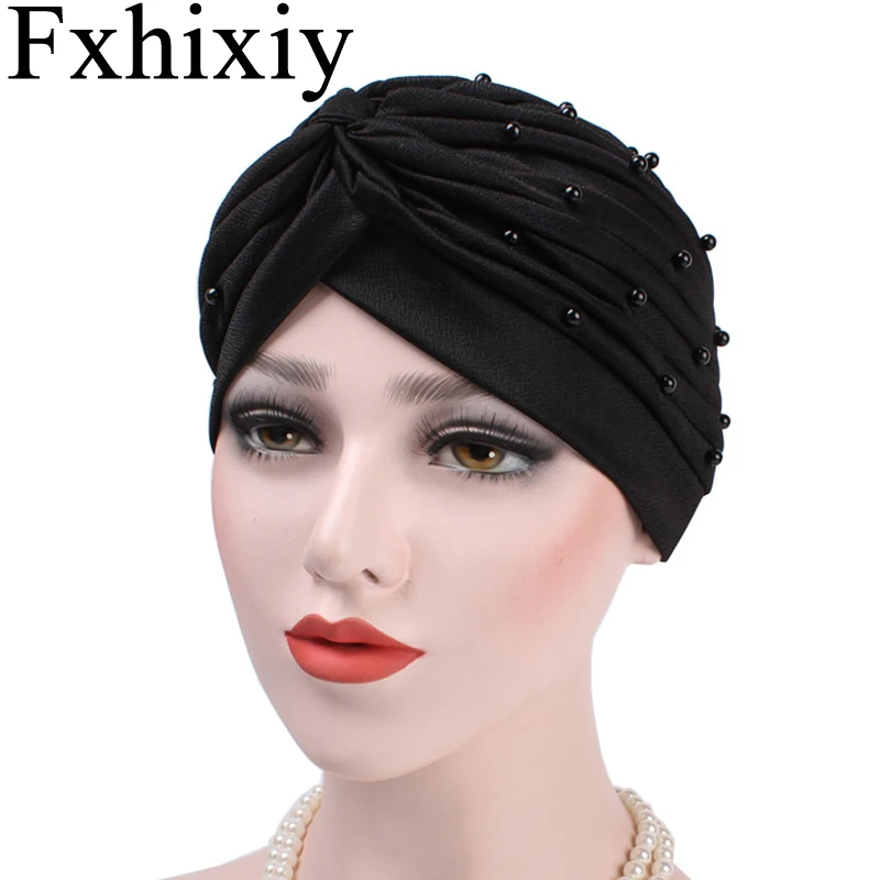 

Muslim Womens Bead Ruffle Cotton Turban Hat Chemo Beanies Caps Knot Headwear Head Wrap Plated Hair Accessories