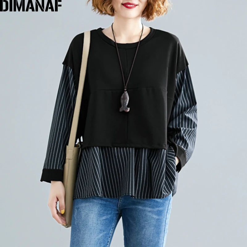 DIMANAF Spring Plus Size Women Blouse Shirt Lady Tops Tunic Basic Casual Cotton Loose Striped Long Sleeve Spliced Female Clothes