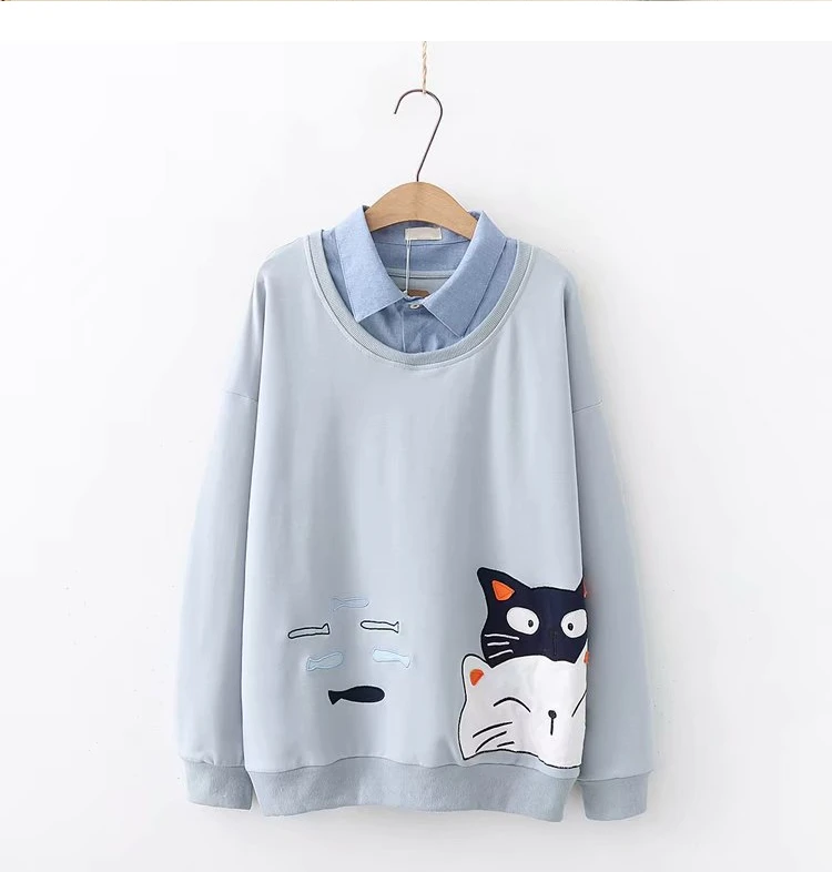light blue Имитация двух частей кошки котенок рыба стежка Turn-Down Воротник толстовка женская - Цвет: light blue