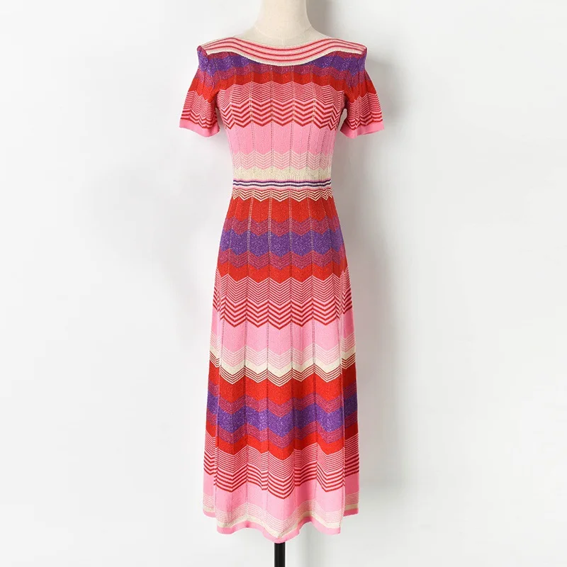 CAMIA vestido longo с вырезом лодочкой, золотистой линией, с полым контрастным цветом, с короткими рукавами, вязаное элегантное платье, женское платье - Цвет: DR19734-2