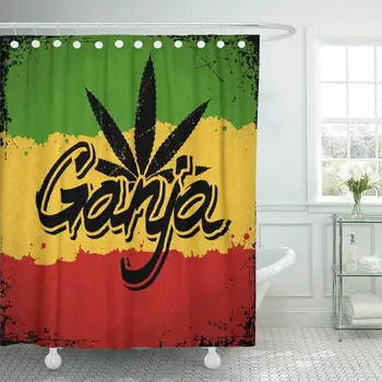 

Green Ganja Lettering Leaf and on Rastafarian Red Shower Curtain Bathroom with Hooks,Waterproof Polyester Curtain