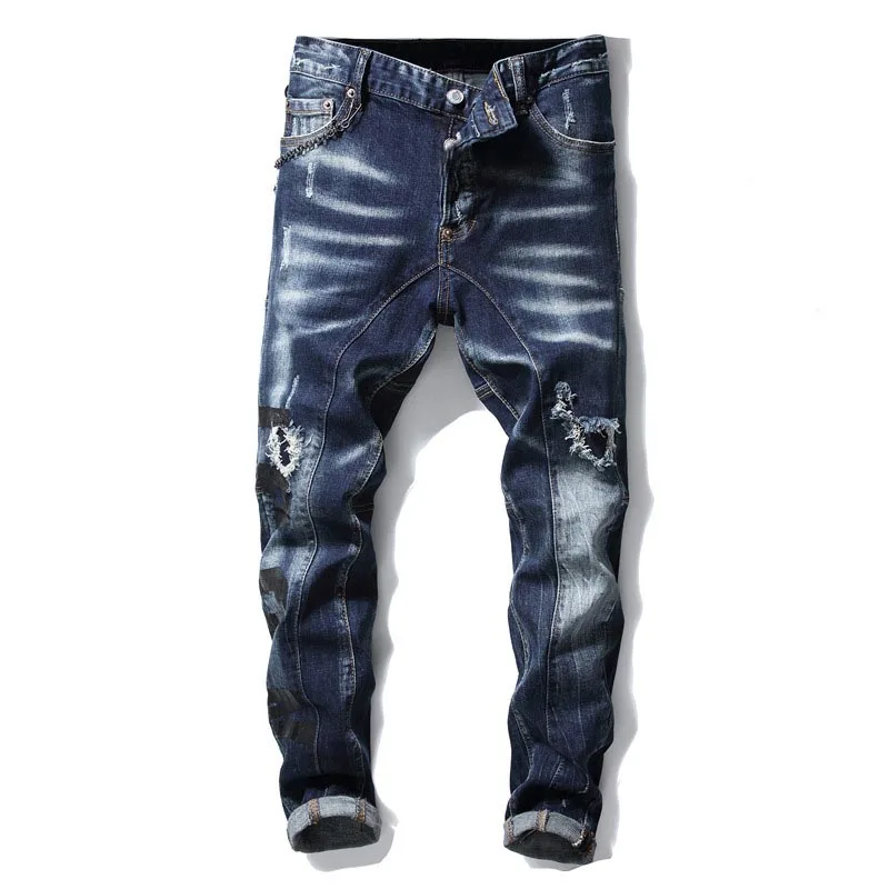 KIOVNO Mens Ripped Holes Denim Trousers Painted Patchwork Stretch  Jeans Pants For Male Straight (2)