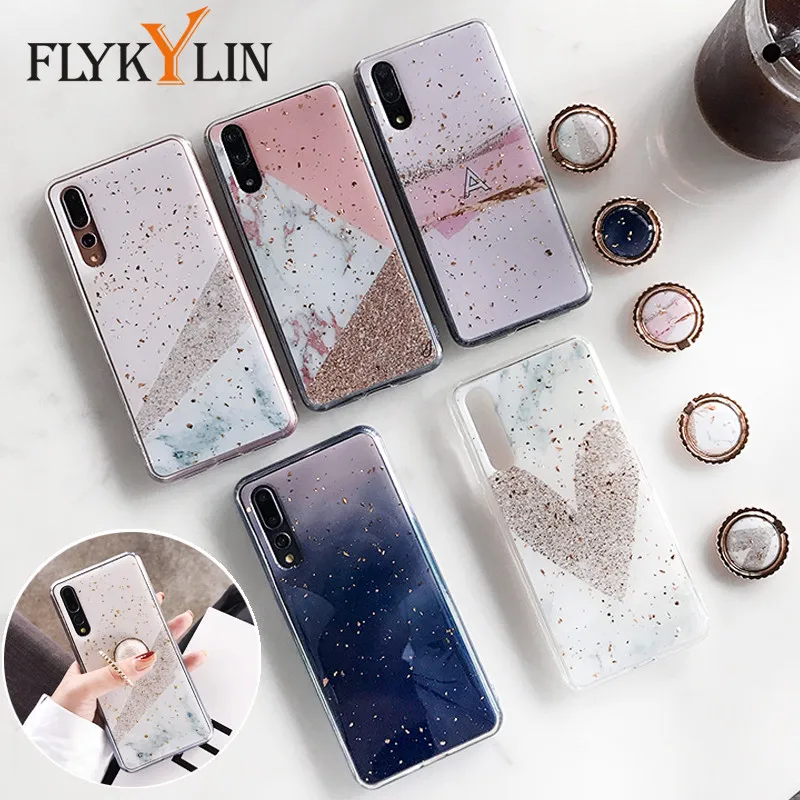 

FLYKYLIN Glitter Marble Case For Samsung Galaxy Note 10 Plus 9 8 S10 S10e S9 A9 A7 2018 Cover on TPU Silicone Coque Ring Stand