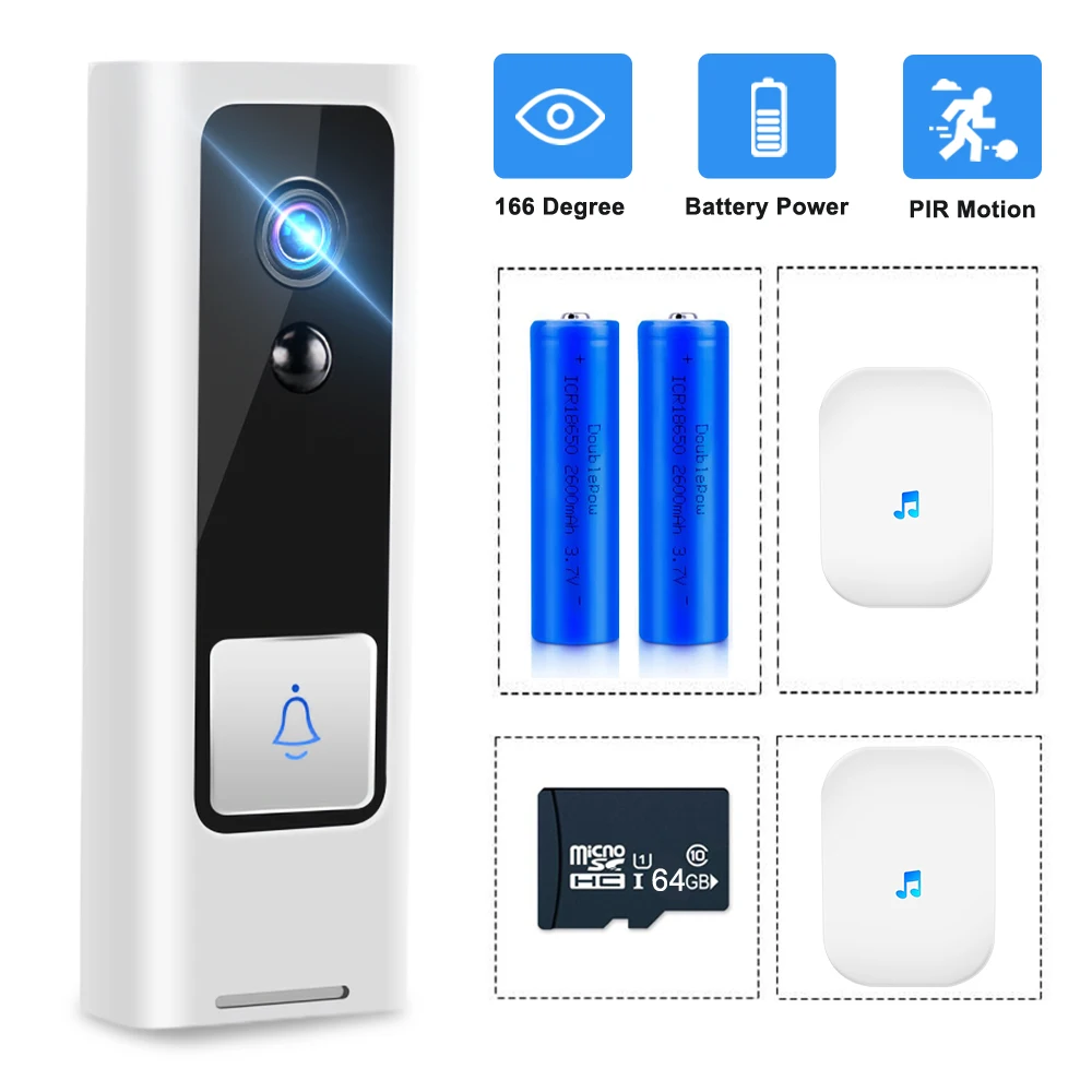 WIFI inteligente timbre inalámbrico alimentado por batería, Video, intercomunicador de seguridad Cámara PIR de movimiento de la puerta bebé Monitor de visión nocturna