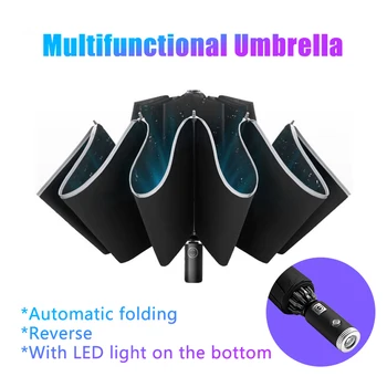 

Automatic Folding Umbrella With LED light On the Bottom Sunny Rainy Bumbershoot Aluminum Waterproof Reverse Umbrella UV Sunshade
