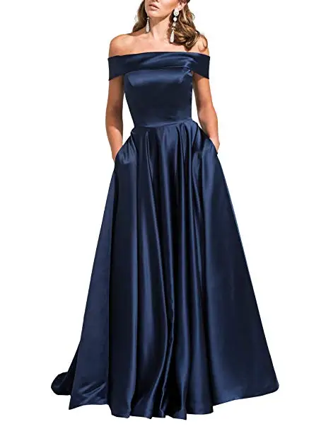 Menoqo длинное вечернее платье с карманами, винтажное атласное платье для выпускного вечера, недорогое вечернее платье с открытыми плечами - Цвет: Navy Long