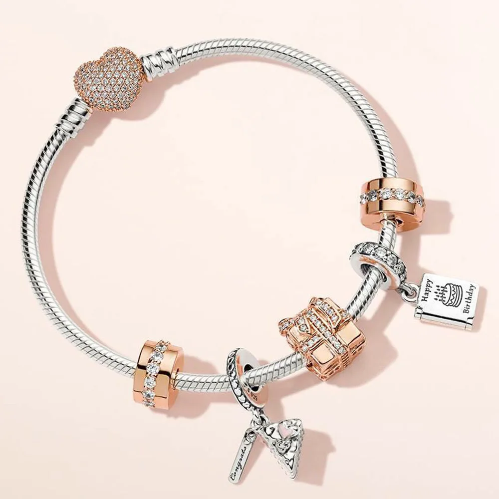 

100% 925 Sterling Silver ROSE SPARKLING SURPRISE CHARM Birthday Wishes Card CELEBRATION CAKE HANGING CHARM Bracelet Set