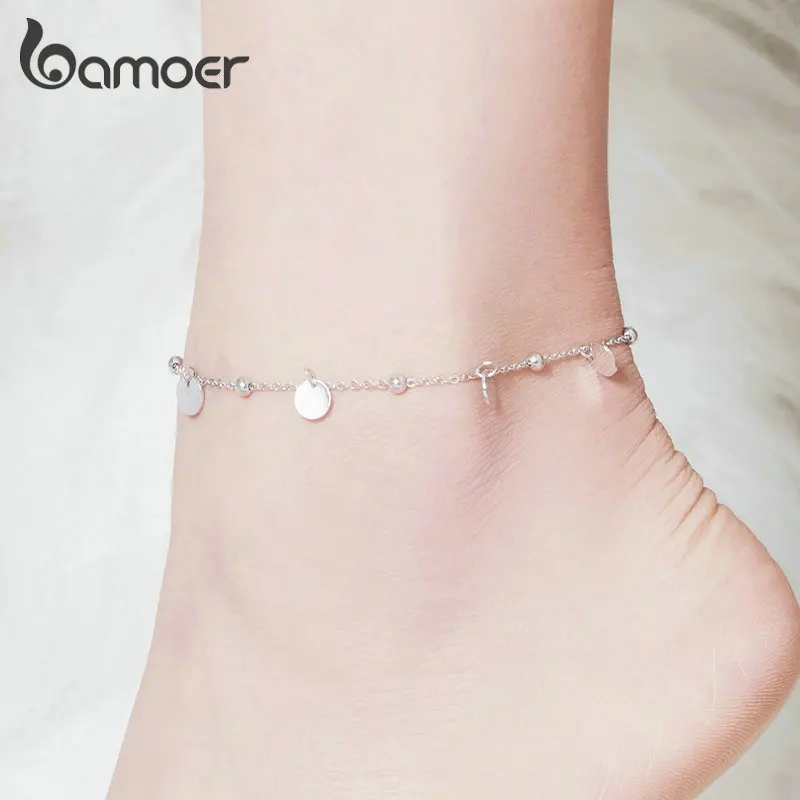 bamoer Silver Beads Anklets 925 Sterling Silver Geometric Minimalist Summer Fashion Foot Jewelry Bracelet for Ankle SCT011